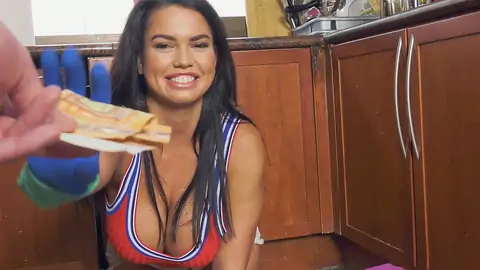 Bodacious maid is cleaning and demonstrating off those mounds