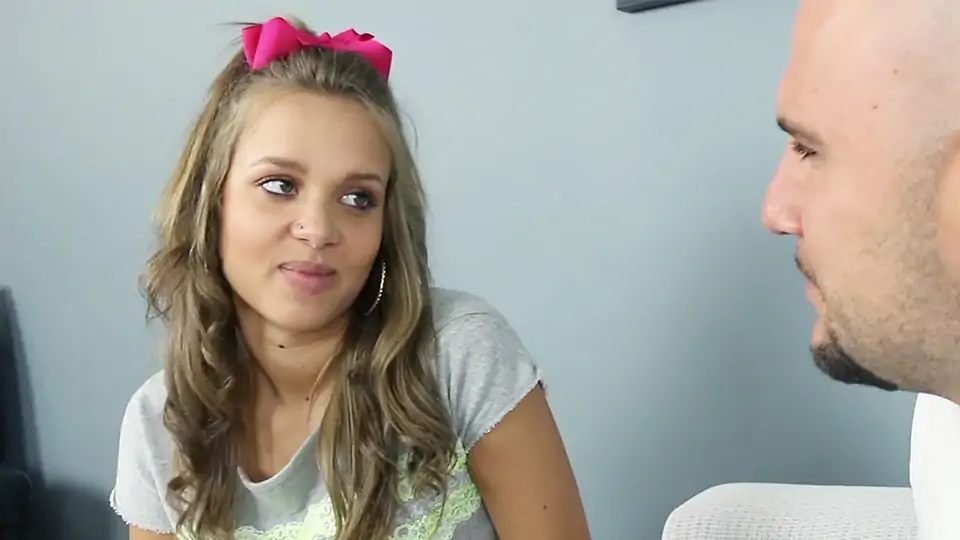 Blond teenager with diminutive boobies conversing to a trimmed dude